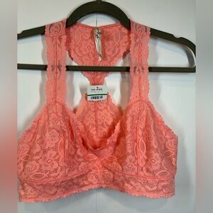 Free People Lace Bralette Coral Pink Racerback Floral NWT
